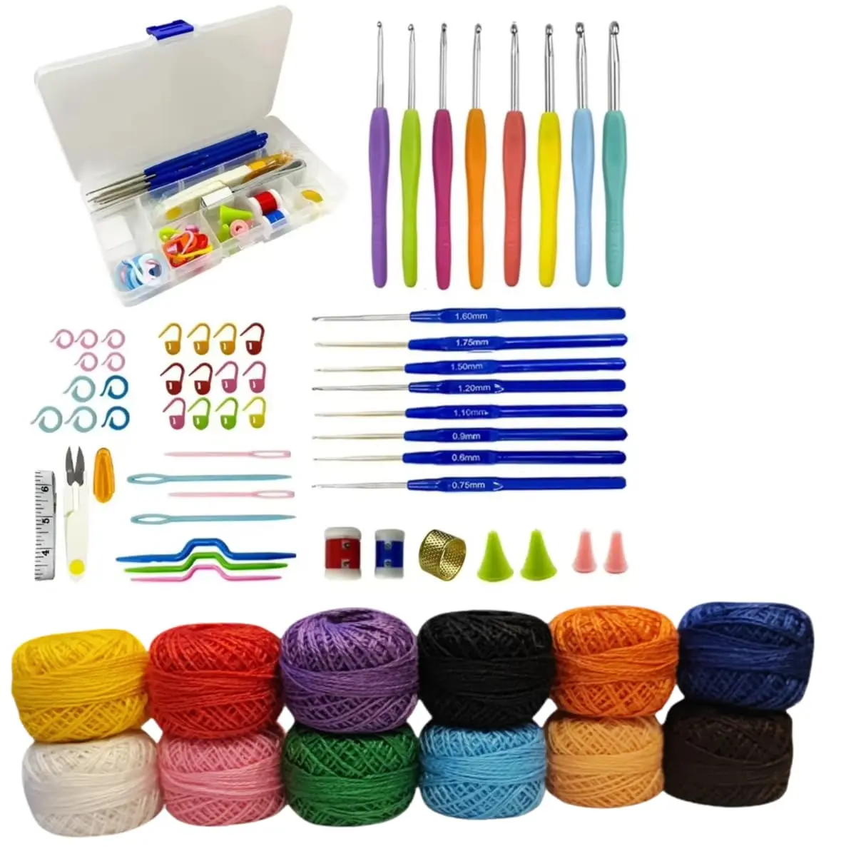 Kit Crochê 65 Peças com 16 Agulhas Ergonômicas, Linhas e Estojo Artesanato