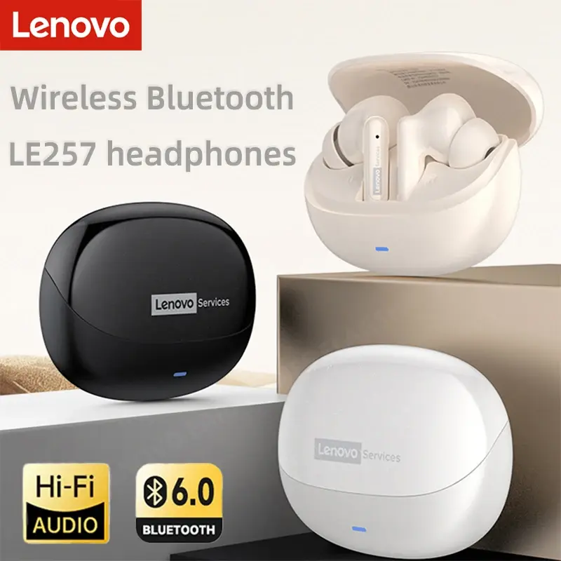Fones de ouvido sem fio Lenovo LE257 TWS Bluetooth 6.0, som HiFi, cancelamento de ruído em chamadas (ENC), fones de ouvido para jogos e esportes com microfone.