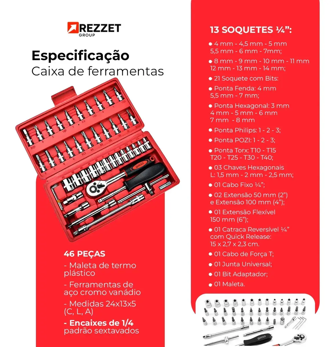 Kit Ferramentas 46 Peças Com Soquetes e Chaves Para Carro e Casa thumbnail 5