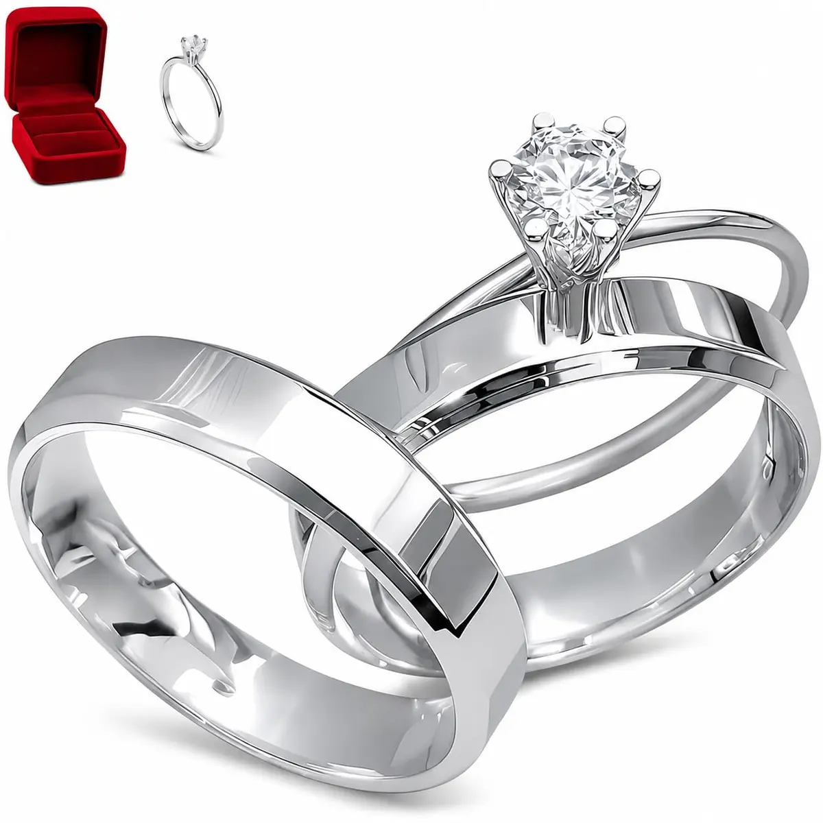 Aliança de Namoro Prata 4mm com Solitário ou Aliança de Casamento Dourada 3mm, Conjunto de 3 Anéis + Caixa de Veludo Presente dia dos Namorados - 1