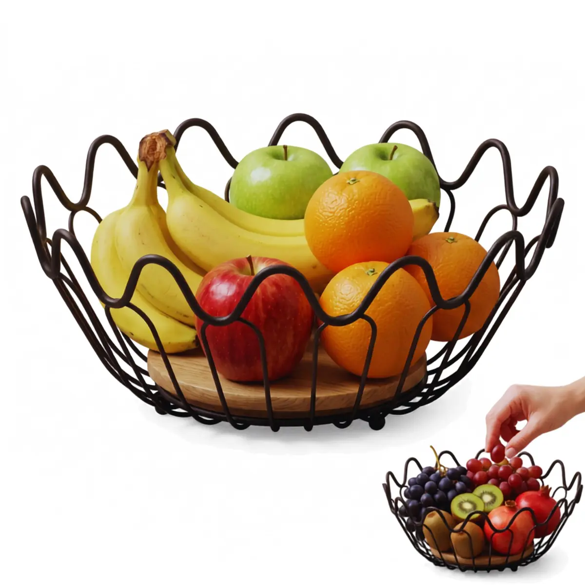 Fruteira Cesta de Mesa Rustica de Ferro e Bambu Multiuso Organizador | Centro de Mesa Decorativo Organizador de Frutas Para Bancadas de Cozinha Design Elegante Geométrica - 1