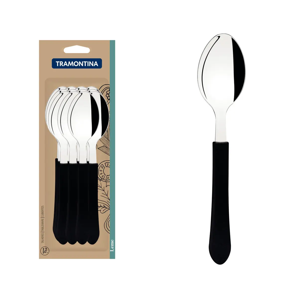 Conjunto De Colheres De Mesa Tramontina Leme Com Lâminas Em Aço Inox E Cabos De Polipropileno Preto 12 Peças