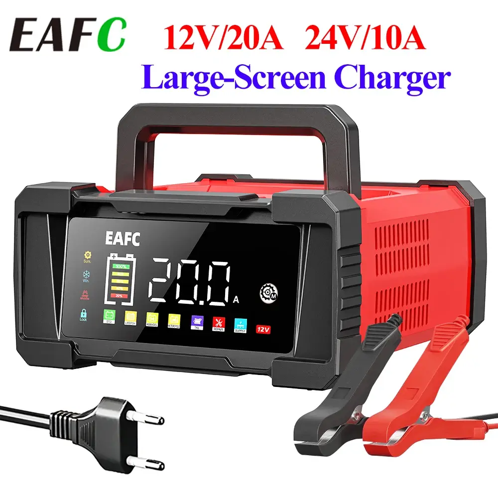 Carregador de Bateria Automotivo EAFC 12V/24V 20A/10A Aprimorado, Carregador de Bateria Totalmente Automático com 7 Estágios de Carga para Baterias Gel, AGM, LiFePO4, etc.