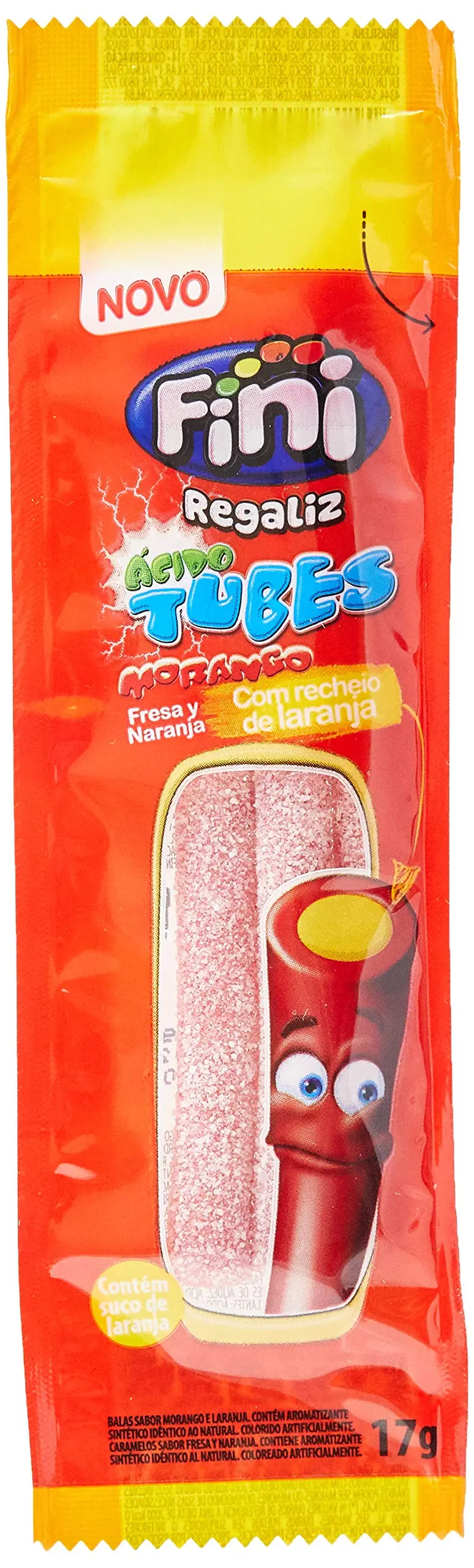 Caixa Balas de Gelatina Tubes Morango com Laranja Cítrica Fini com 12 Unidades