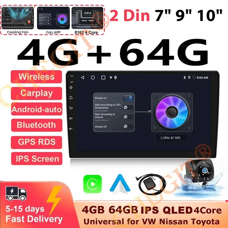 7 9 10 "2 din áudio do carro android 13 android auto sem fio carplay 64g reprodutor multimídia automotivo bt gps sistemas inteligentes do carro