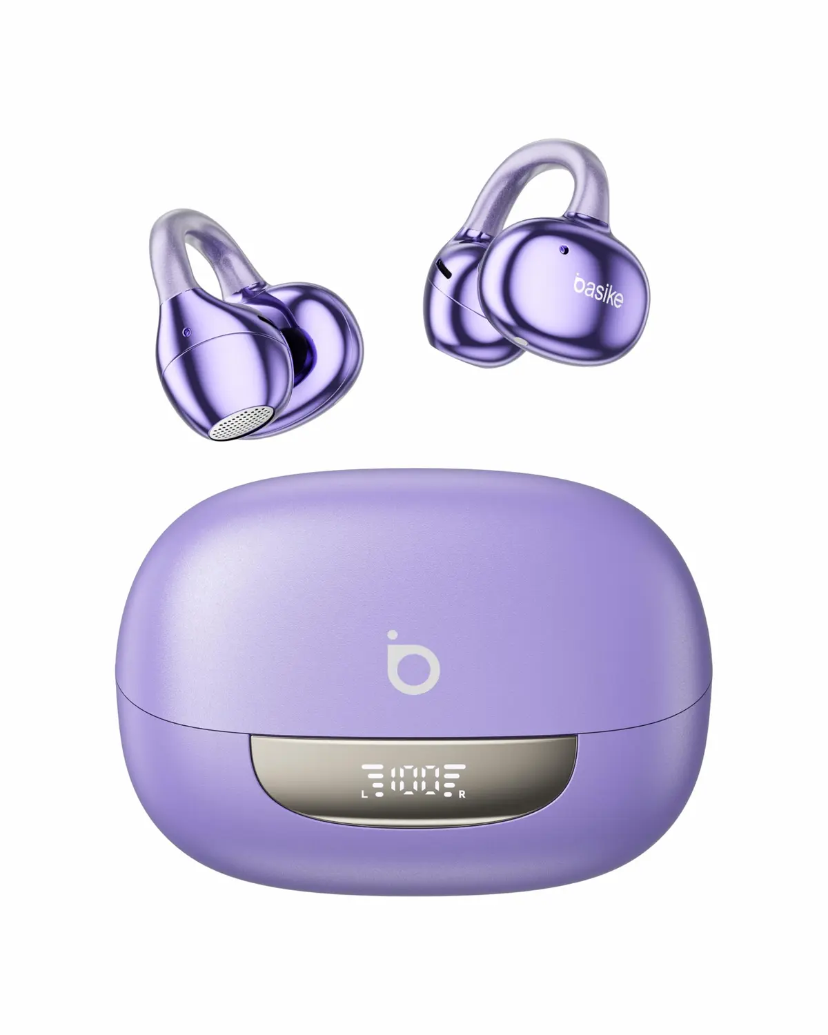 Basike Fone de Ouvido Bluetooth Esportivo para Corrida, Clip-On Open-Ear | Som de Alta Fidelidade, Chamadas Claras, Toque Inteligente, Bateria 40H, Display LED, BT 6.0 para Android e iOS (Roxo)