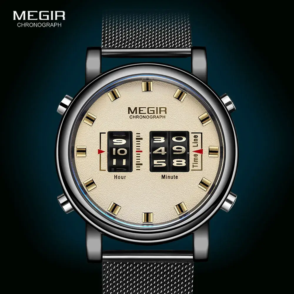 Megir-relógio de pulso masculino, quartzo, aço inoxidável, alça de malha, militar, esporte, moda, novo, 2020