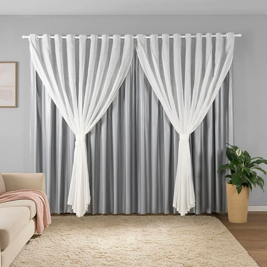 Cortina Sala Quarto Blecaute 2,80m Larg. x 2,50m Alt. Inovi, Cinza/Branco | Blackout 100%, Forro em PVC, Linho Trabalhado, Com Abraçadeiras - 1