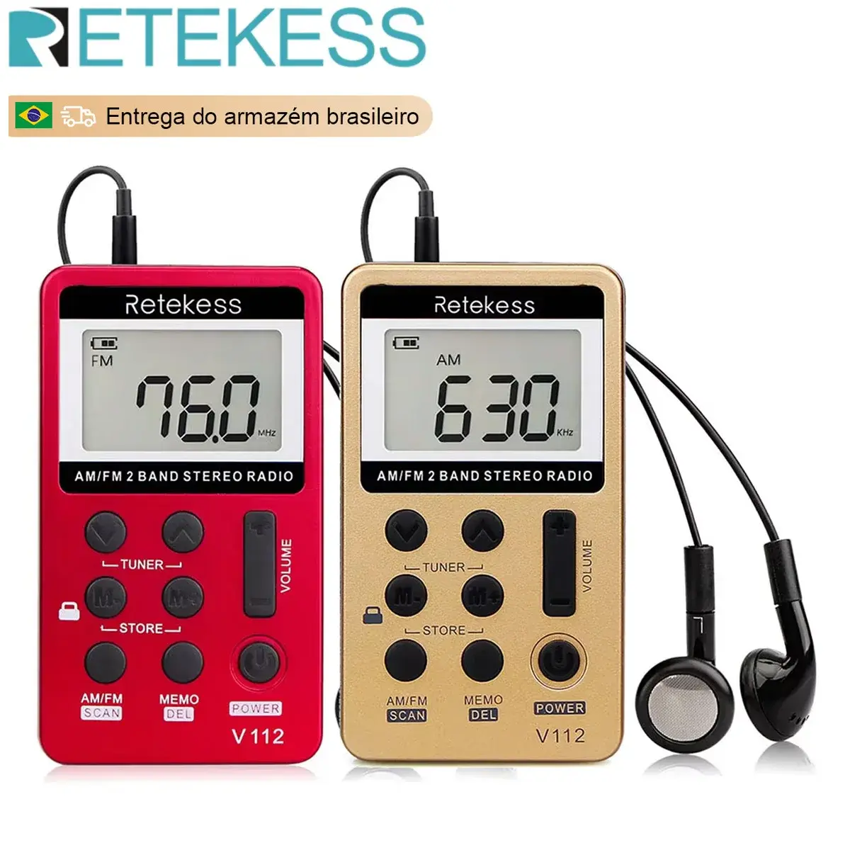 Retekess-Mini Pocket Radio Receiver, rádios portáteis, AM, FM, recarregável, fone de ouvido tempo sono para Walkman Go Hiking, V112