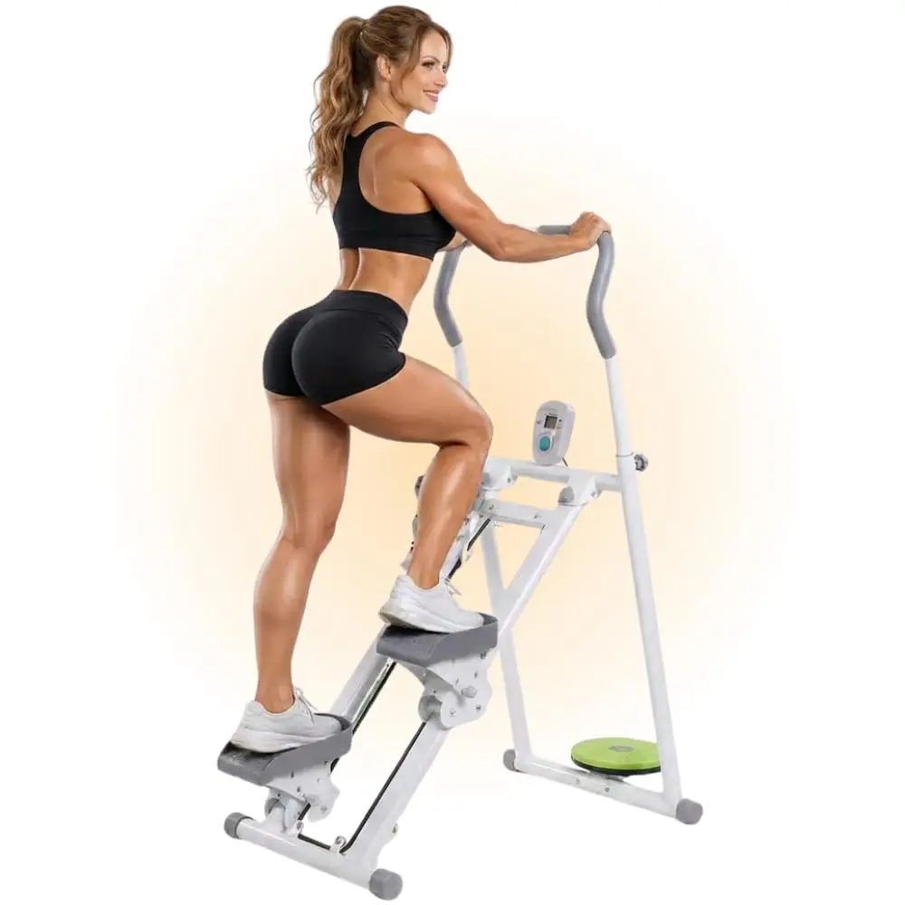 Maquina Escalada Vertical Dobrável, Stepper Fitness com Monitor Digital Calorias/Tempo/Passos, Pedais Extra Largos Antiderrapantes, Corrimão em U Ajustável, Treino Glúteo e Pernas, Suporta 120kg