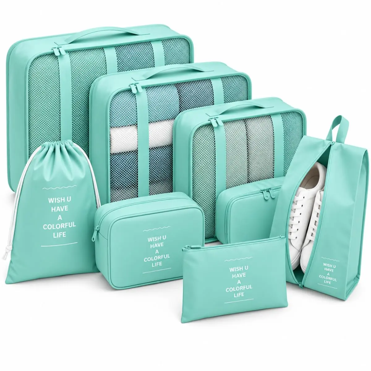 Kit Organizador de Mala Viagem 7 Peças Bolsa Organizadora Bagagem Verde | Bolsa Organizadora de Malas para Viagens - Kit Viagem com 7 Unidades - Necessaire Organização - Roupas Sapatos Cosméticos