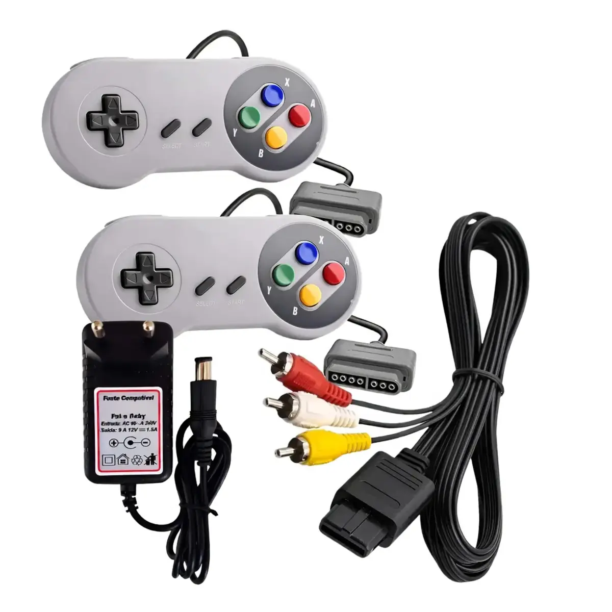 Kit Completo Compatível com Super Nintendo (SNES) 2 Controles Fonte Bivolt Cabo AV