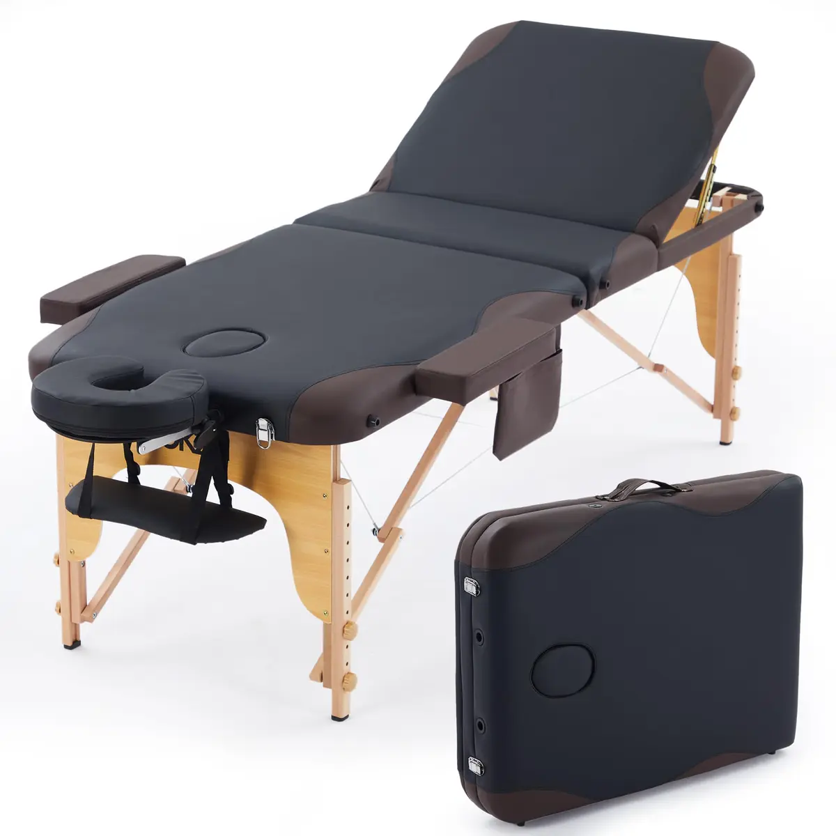 Maca Portátil Premium+ 70cm, Divã Cama de Fisioterapia, Estética, Massoterapia, Massagem, Quiropraxia, Depilação, Tatuagem - Altura Ajustável + bolsa de transporte Com Inclinação (Marrom e Preto) - 1
