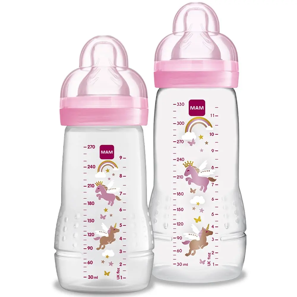 MAM Baby Kit 2 Mamadeiras Easy Active Set, 270ml e 330ml Com Formato Ergonômico e Fácil de Segurar para Crianças 2+ Meses com Bico de Silicone Skinsoft, Rosa