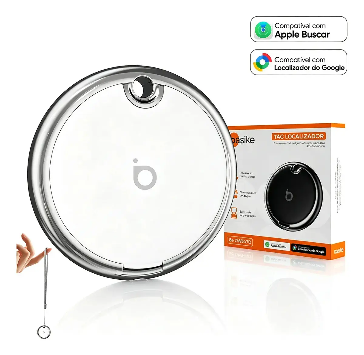 Basike Mini Smart Tag Rastreador Compatível iPhone IOS E Android Air Tag Localizador app Apple Find My e Google Find Hub Sem Mensalidade para Chaves Mochilas Pets Mala Bicicleta com Cordão