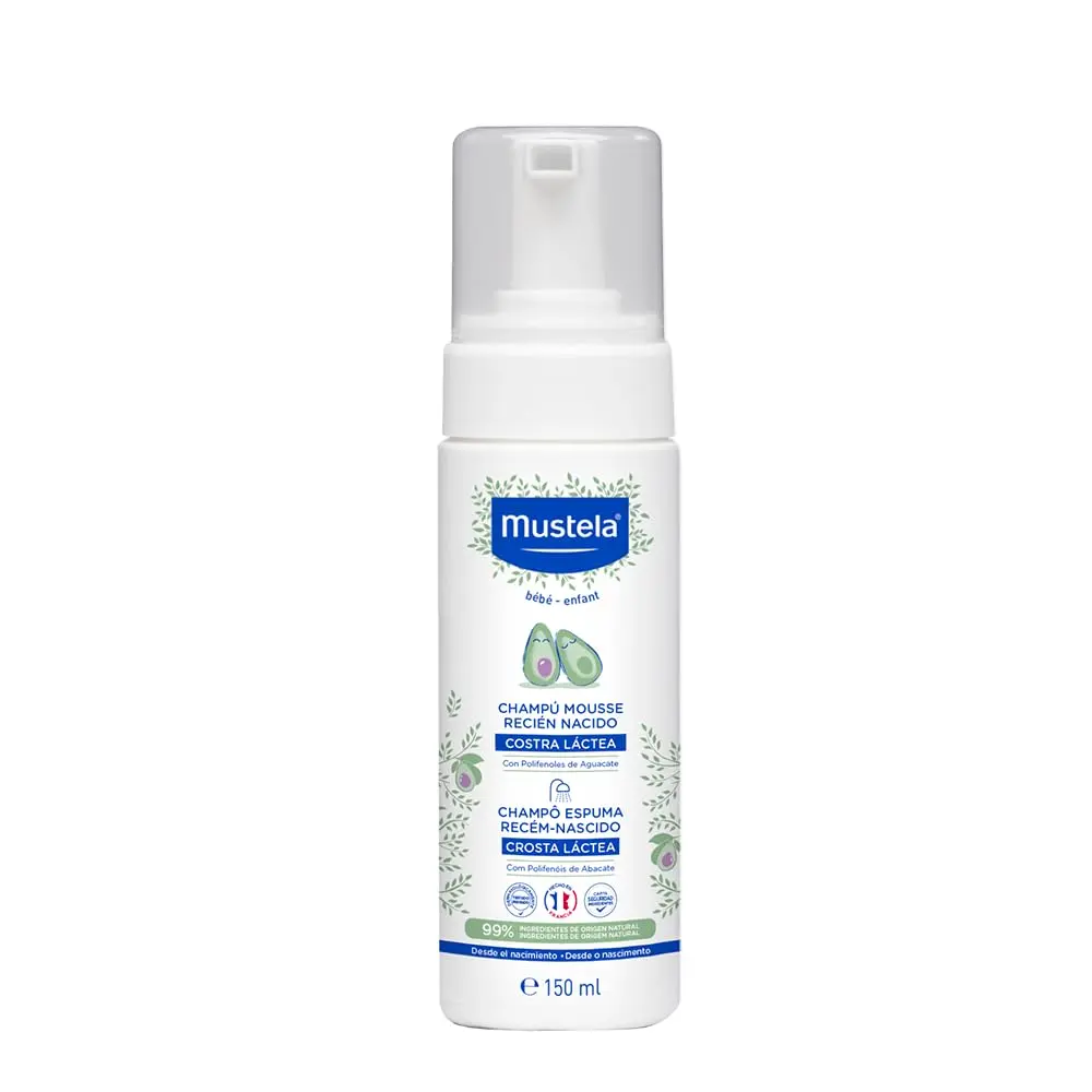 Mustela Shampoo Recém-Nascido 150 ml - Xampu textura Espuma, Previne e Elimina a Crosta Láctea dos Bebês - Vegano, feito com 99% de ingredientes de origem natural - Mustela Bebê e Criança