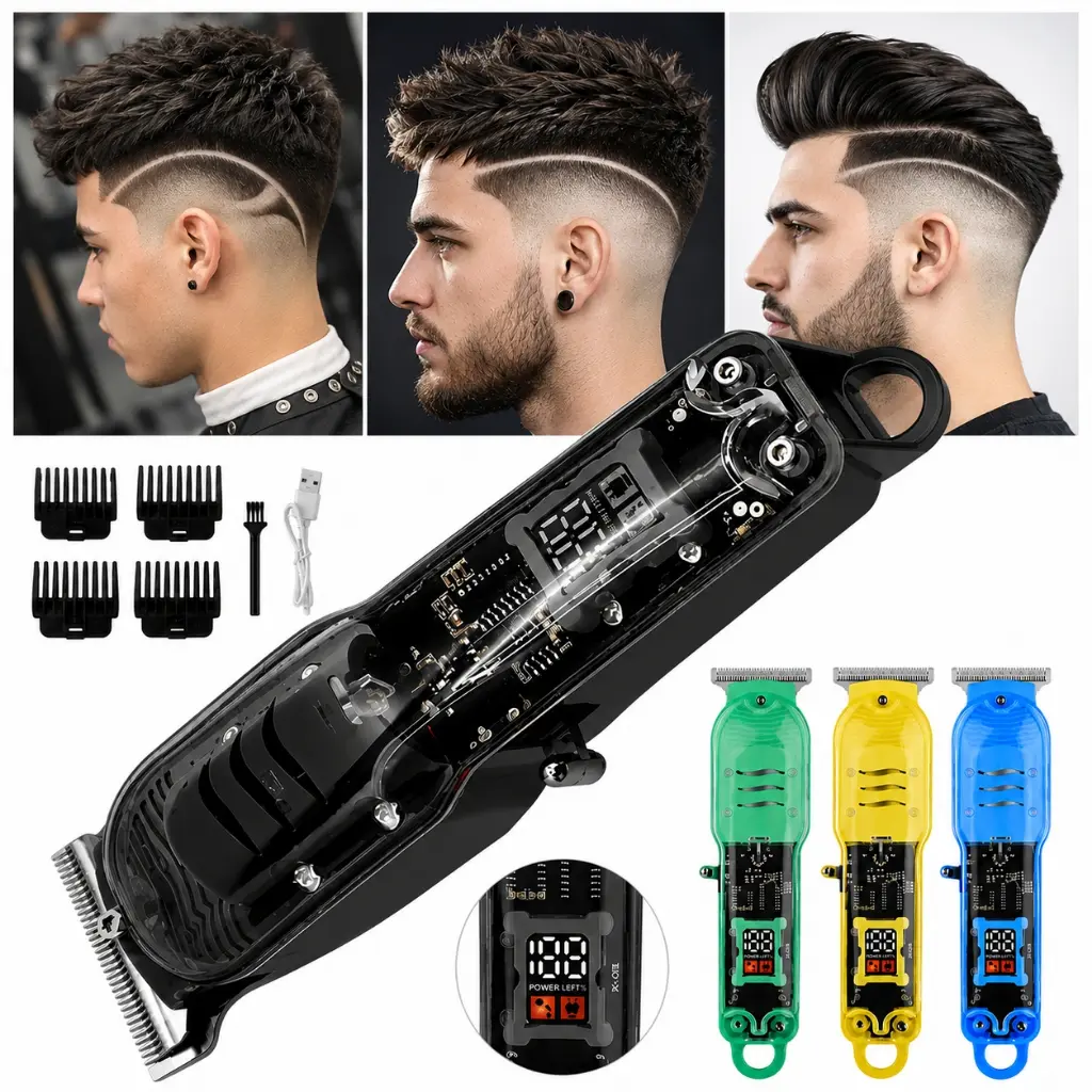 Máquina de Cortar Cabelo Profissional Sem Fio Barbeador Elétrico Smart LCD Transparente Recarregável Masculino