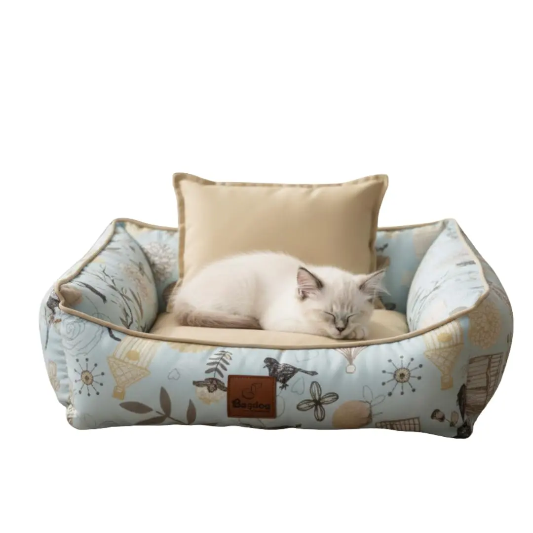 Cama Pet Grande, Para Cachorro e Gato, Lavavel, Com Ziper, Modelo Quadrada, Estampa Pássaros Vintage, Com Almofadinha + Jogo Americano, Bagdog - Tamanhos P/M/G (Grande)