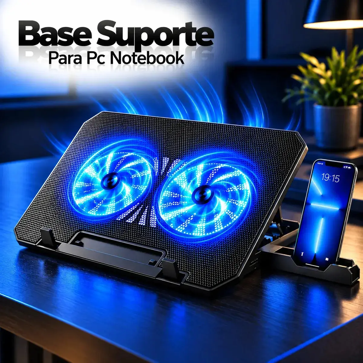 Base Suporte Para Pc Notebook Alumínio Portátil Articulado Dobrável Tablet Laptop Mesa Davely Cor Preto Com Ventoinhas E Suporte Para Celular Refrigerada 2 Cooler Gamer Confortável Home Office