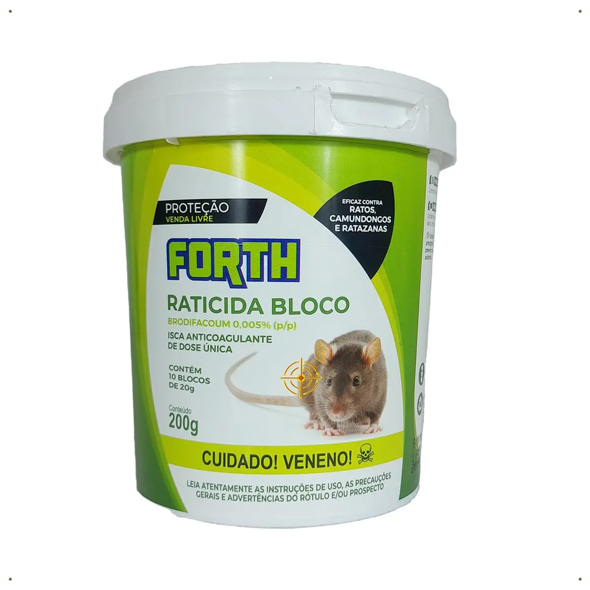 Forth Raticida Bloco, Isca, Brodifacoum, Dose Única, Contra Ratos Marrons, Ratazanas e Camundongos, 200g