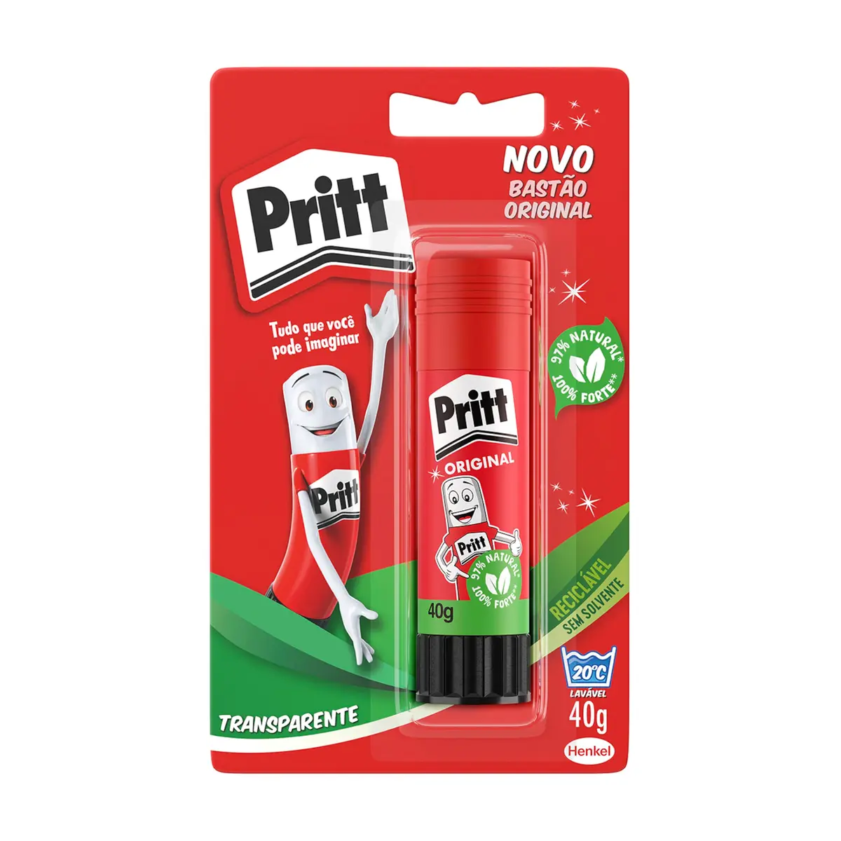 Pritt Cola Bastão para Escola e Escritório, Transparente, 1x40g | 97% Ingredientes Naturais, Sem Solventes, Lavável, Ideal para Papel e Tecido, Menor Enrugamento do Papel