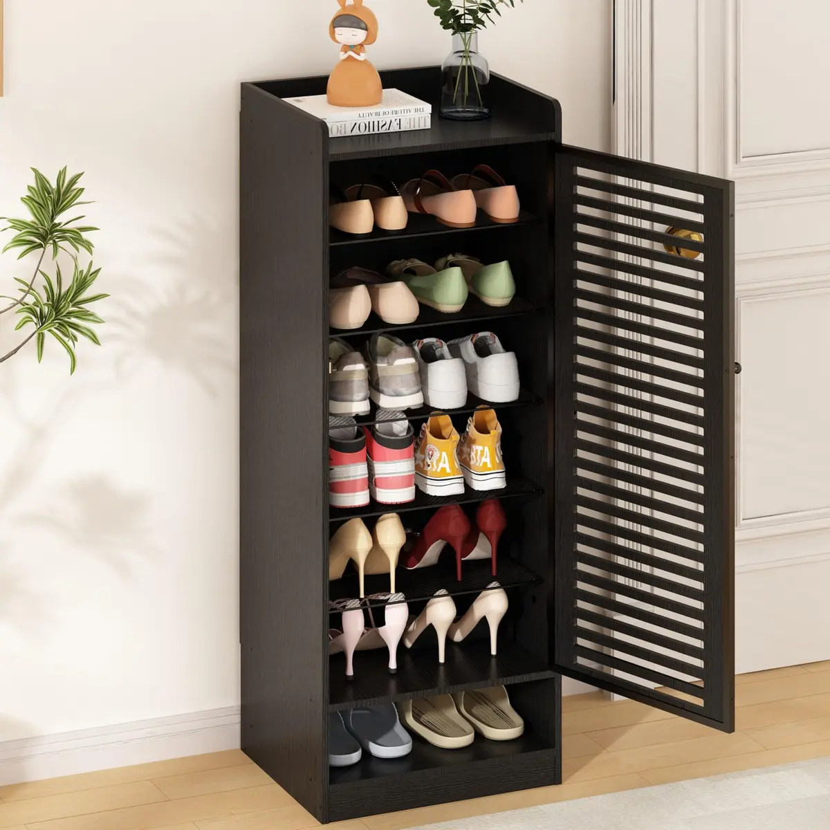 Organizador de Sapateira, Sapateira Multifuncional com 7 Prateleiras Preto | Multifuncional, Para Corredores e Quartos, Design Estreito - 1