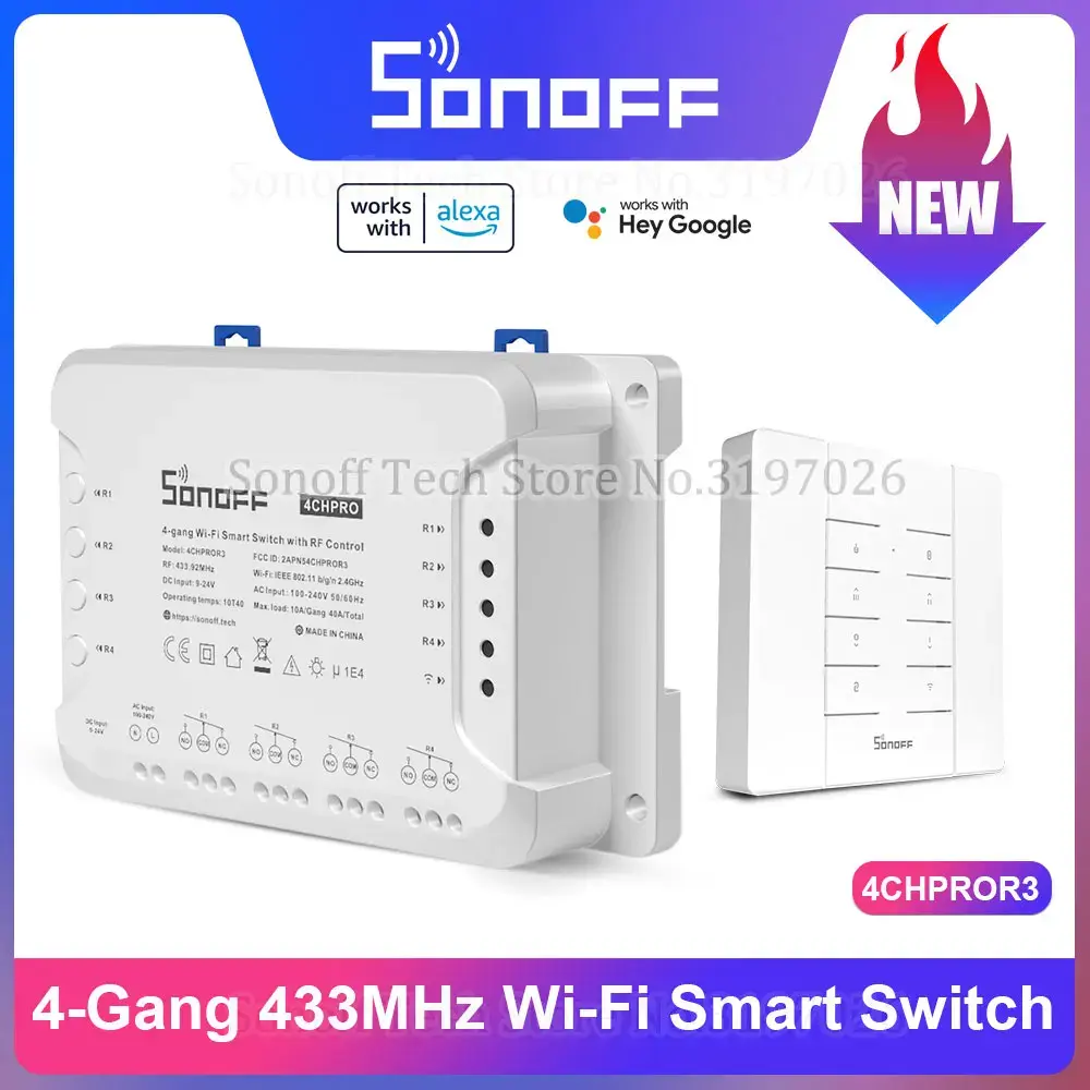 Sonoff 4chpror3 4 gang 433mhz rf interruptor inteligente bloqueio auto-travamento modos de avanço controle remoto via ewelink app alexa ifttt