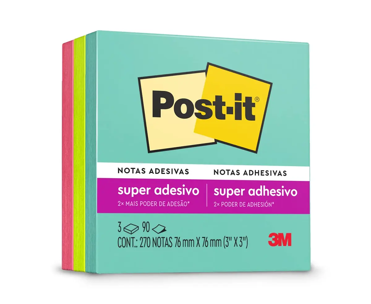 POST-IT 3M Bloco de Notas Adesivas Coleção Supernova Neon 270 Folhas | 76 mm x 76 mm, Adesão Excelente, Ideais para Anotações e Recados em Superfícies Verticais, Como Paredes, Janelas, Vidro