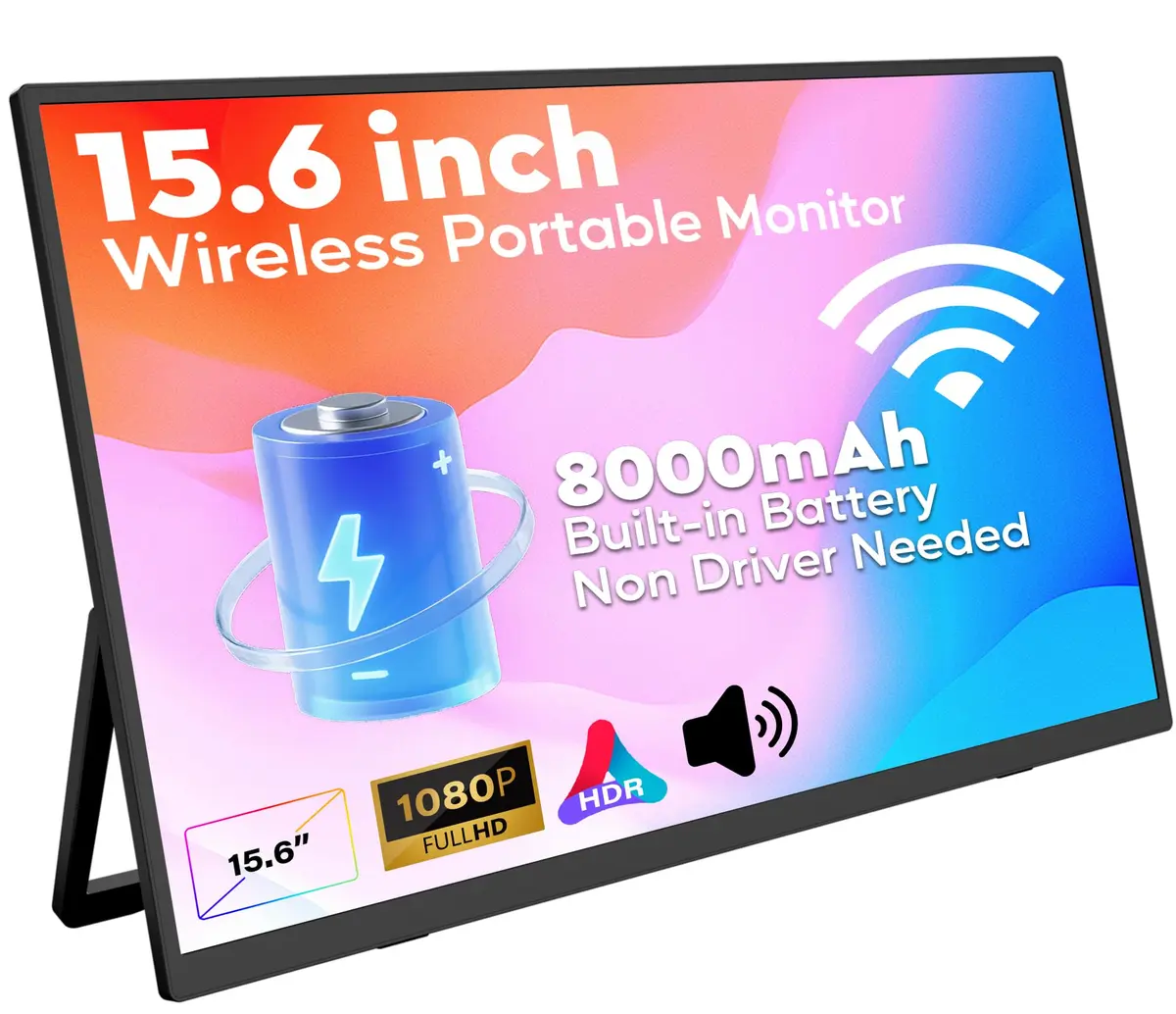 Monitor portátil sem fio de bateria, 8000mAh 15.6" 1080P IPS USB-C/HDMI segunda tela, alto-falantes embutidos, suporte AirPlay/Miracast para laptop/telefone/tablet/interruptor/Xbox
