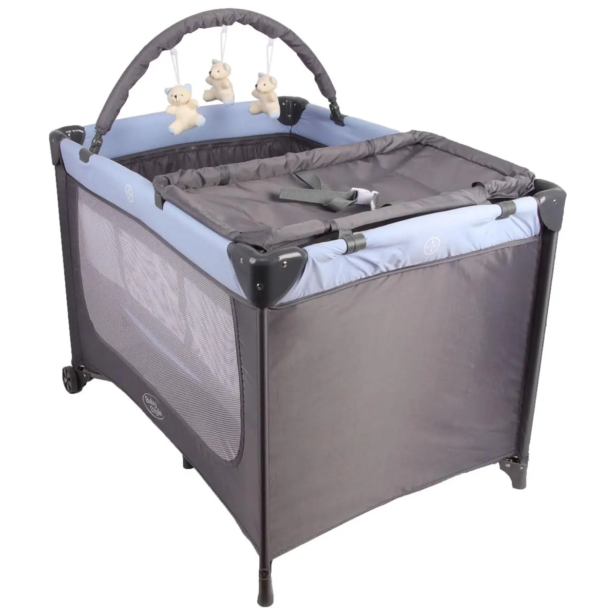 Berço Portátil Infantil Joly Baby Style com Mosquiteiro, Barra de Brinquedos, Trocador e Bolsa - Seguro, Confortável e Compacto INMETRO (Azul) - 1