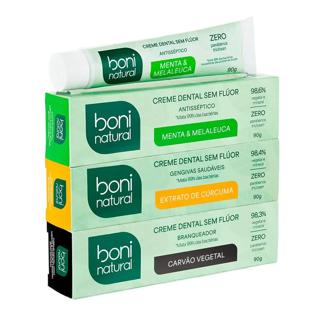 BONI NATURAL - Kit Creme Dental Natural Vegano – Menta e Melaleuca + Carvão Vegetal + Hortelã e Cúrcuma – Sem Flúor, Sem Triclosan – 3x90g - Leve Mais Pague Menos