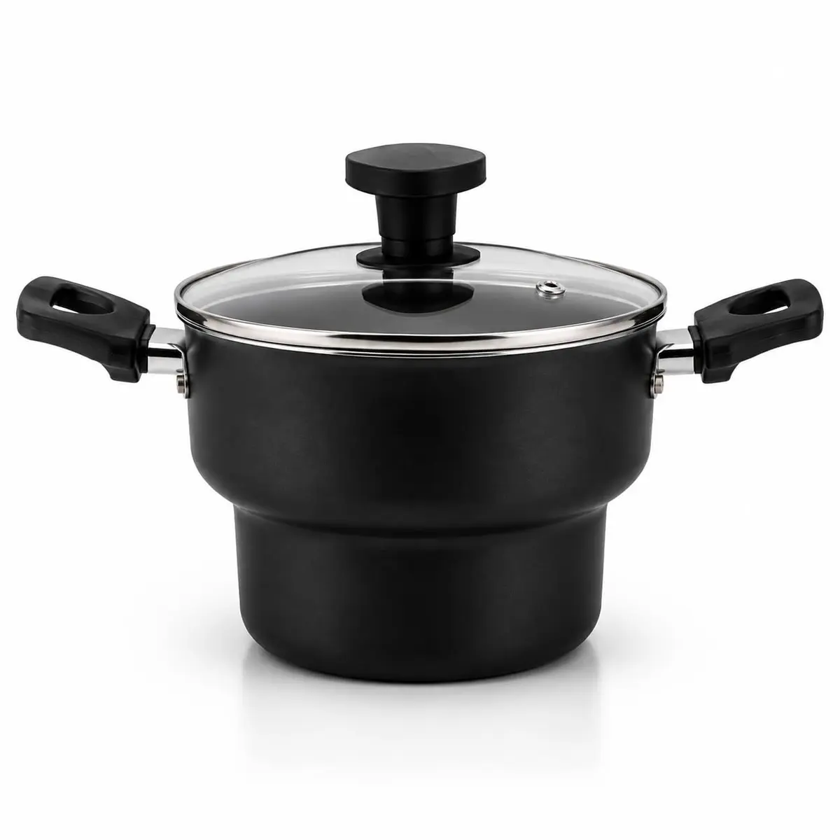 Cuscuzeira Antiaderente Alumínio 16cm 2 Litros Tampa de Vidro Vapor Preta