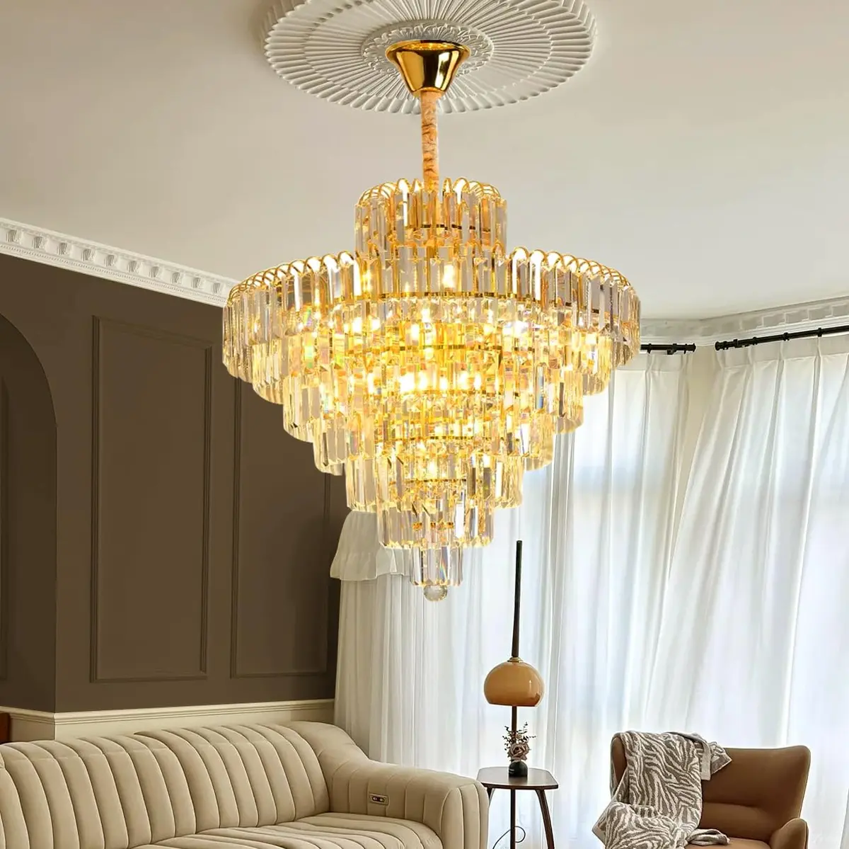 Lustre de Cristal Clássico LED - Luminária de Vidro para Sala com Iluminação Aconchegante, Lustre Romântico para Quarto e Sala de Jantar (60cm-8 camadas de cristal) - 1