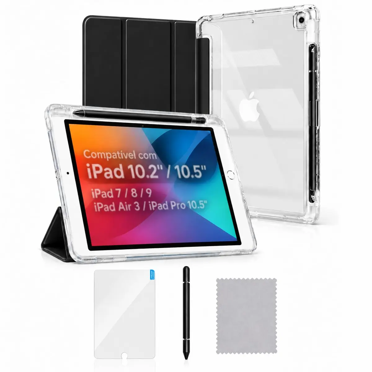 Capa Compatível com iPad 9a 8a 7a Geração 10.2" 10.5" Polegadas Capa Para,Fino Translúcido Traseira Trifold Folio Suporte Protetora Tablet, Suporte S Pen Carregamento (Preto)