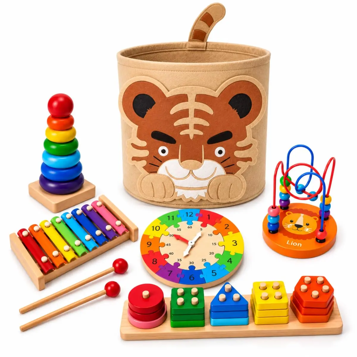 Kit Educativo Montessori 6 em 1 de Madeira com Organizador (Tigre) | Organizador Tigre - Torre - Xilofone - Relógio - Encaixe Formas - Ábaco