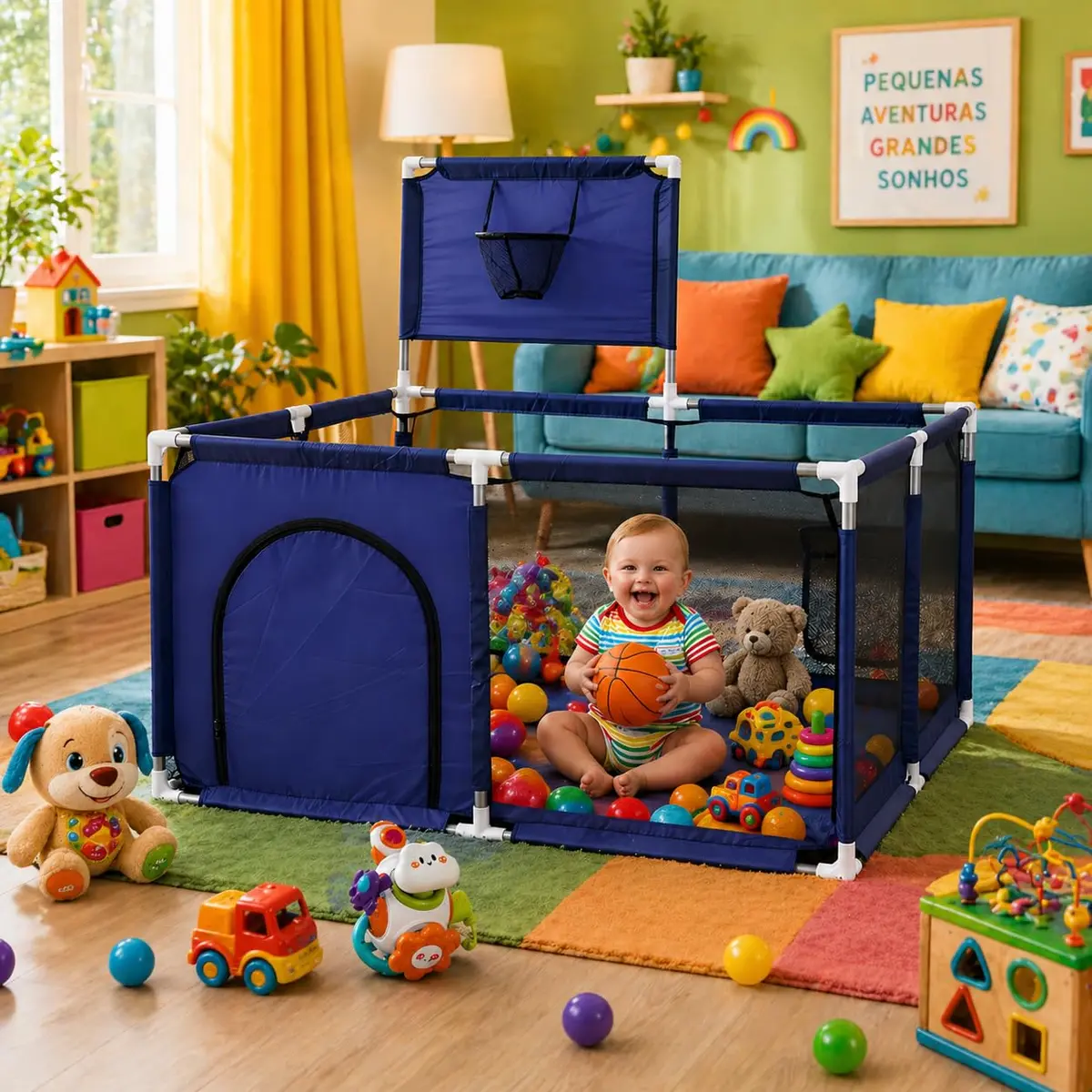 Cercadinho Para Bebê Chiqueirinho Infantil Playground Edição Especial Com Basquete e Futebol Playpen [ K-SELL IMPORTS ] (Azul - Pequeno)