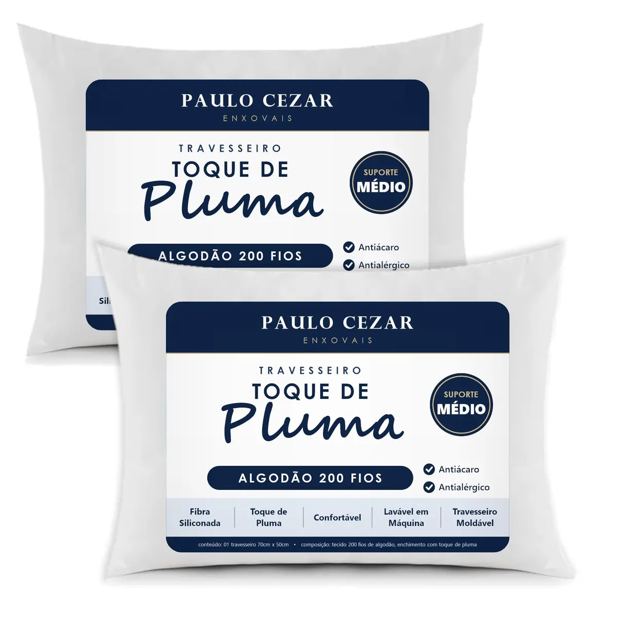 Kit 02 Travesseiros Toque de Pluma Premium 100% Algodão 200 Fios 50x70cm | Tecido Percal, Antiácaro, Antialérgico, Lavável em Máquina