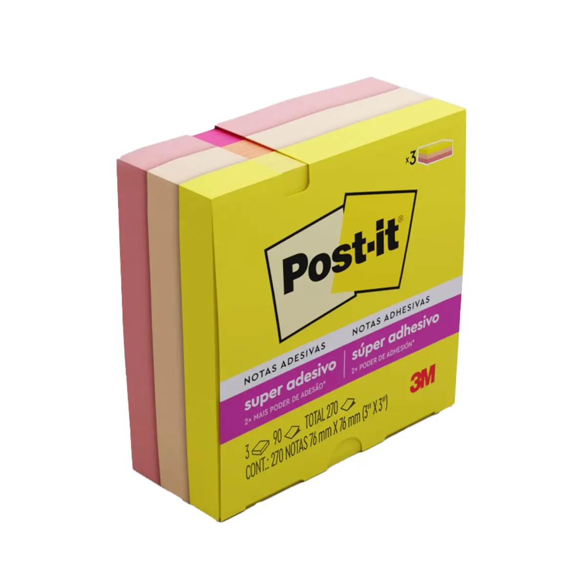 POST-IT 3M Bloco de Notas Adesivas Coleção Alegria 270 Folhas | 76 mm x 76 mm, Adesão Excelente, Ideais para Anotações e Recados em Superfícies Verticais, Como Paredes, Janelas, Vidro
