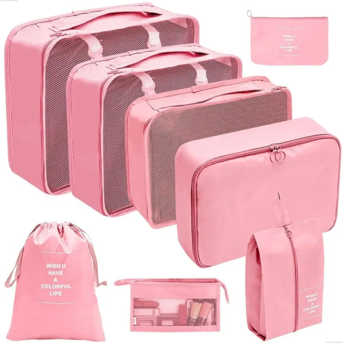Kit Organizador de Mala 8 Peças Packing Cubes com Compressão Porta Sapatos Necessaire Transparente Roupas Sujas para Viagem (Rosa)