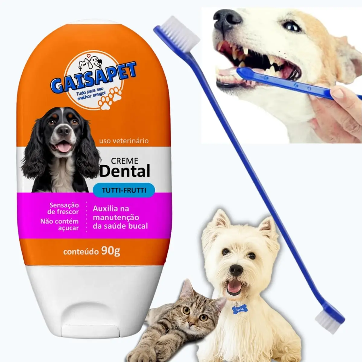 Kit Creme Dental Pet Sabor Tutti Fruti + Escova de Dente Pet Dupla cores sortidas Pasta de Dente para Cachorro e Gatos Higiene Bucal para Pets - 1