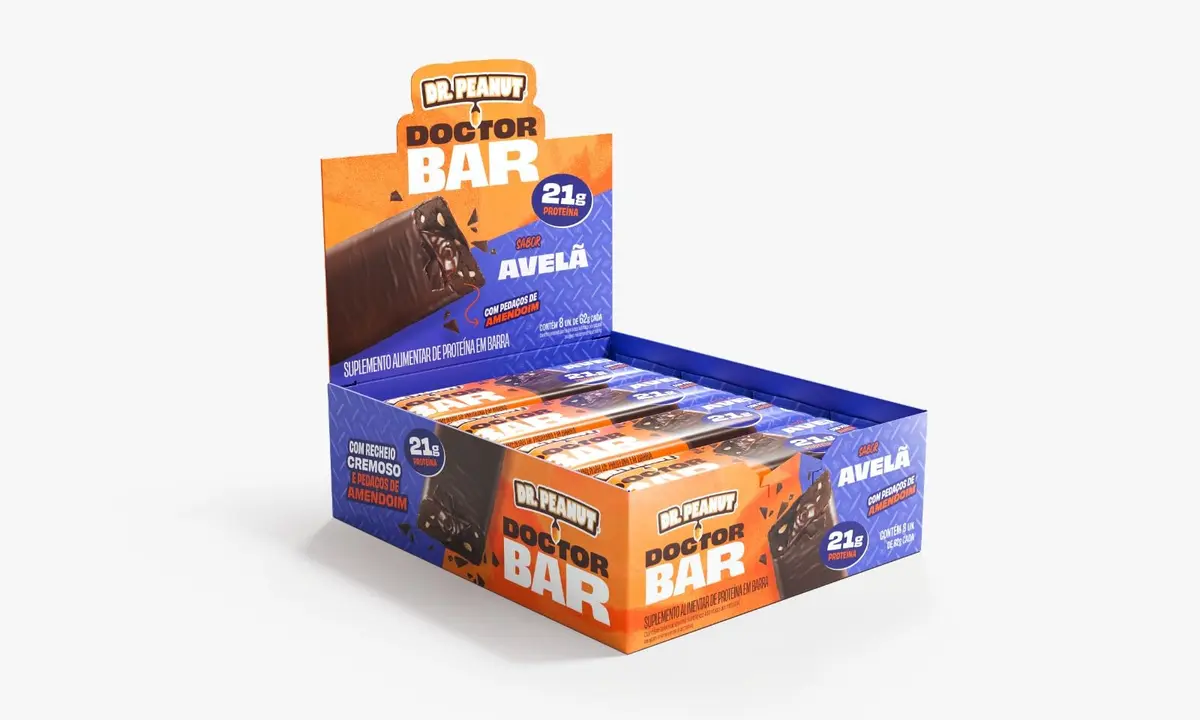 Barra de Proteína Doctor Peanut, Avelã, 62g, Pack com 8 Unidades | Doctor Bar, Display, 21g de Proteína