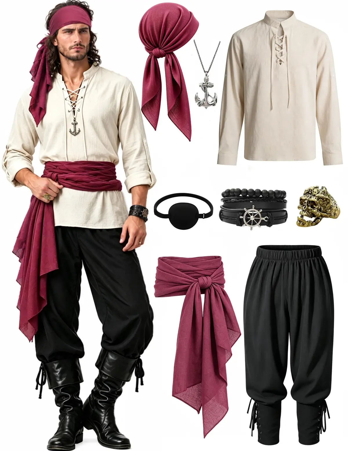 Verceco Mens Pirate Costume Outfit Renaissance Costume Men Medieval Outfit With Pirate Pants Shirts Sash Accessories