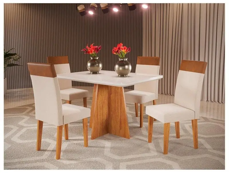 Mesa de Jantar 4 Cadeiras Retangular Tampo de MDF com Vidro Mel e Off White Viena