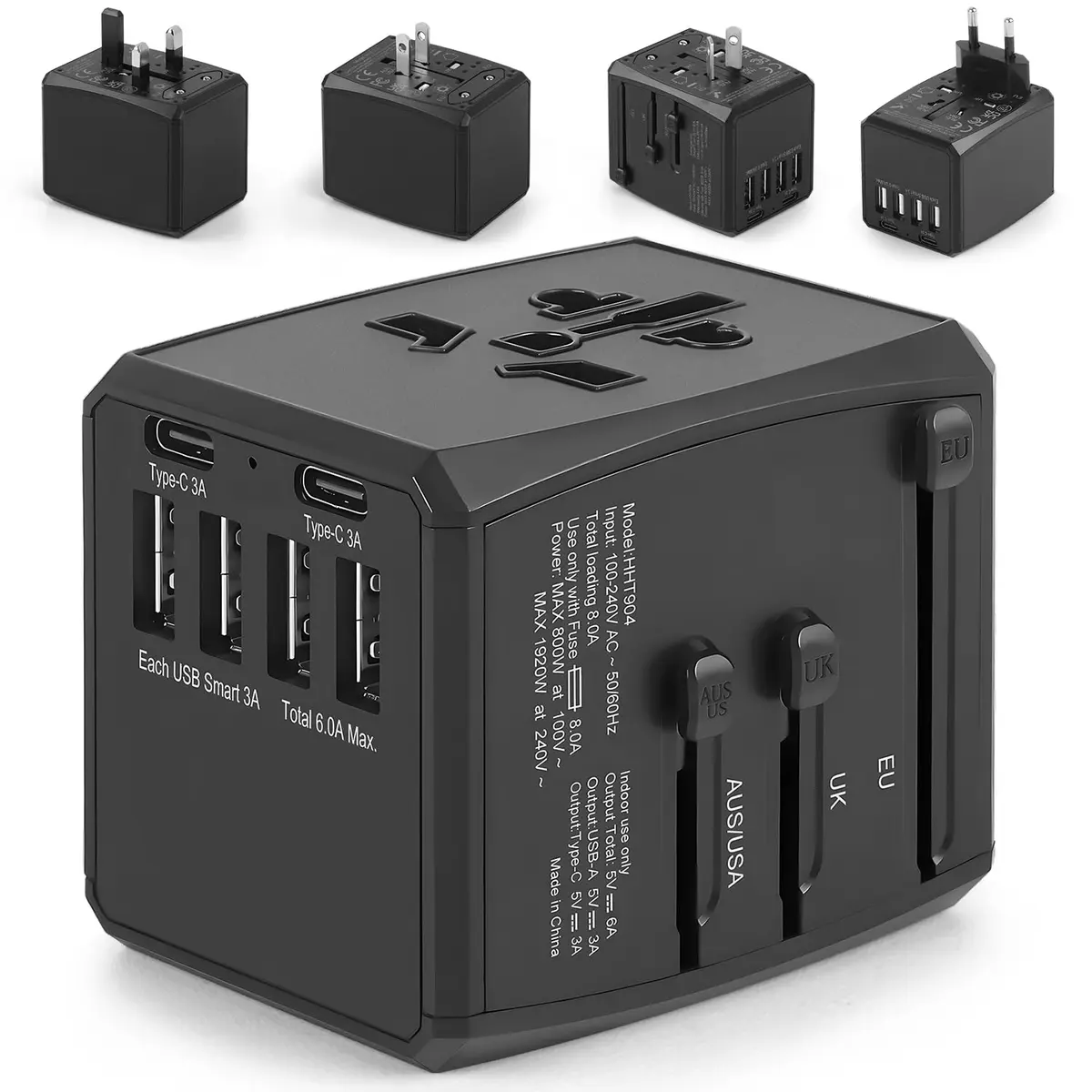 Adaptador de Viagem Universal 100‑240V, Carregador Tudo‑em‑Um Portátil com 4 Portas USB e 2 Portas USB‑C
