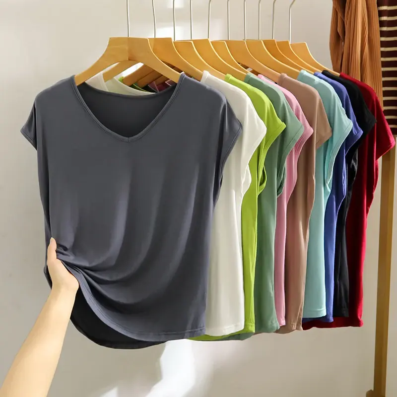 Camiseta Modal Sem Mangas com Decote em V, Casual, Fina, Camada Base, Blusa Feminina de Caimento Solto, Top de Verão, Estilo ...