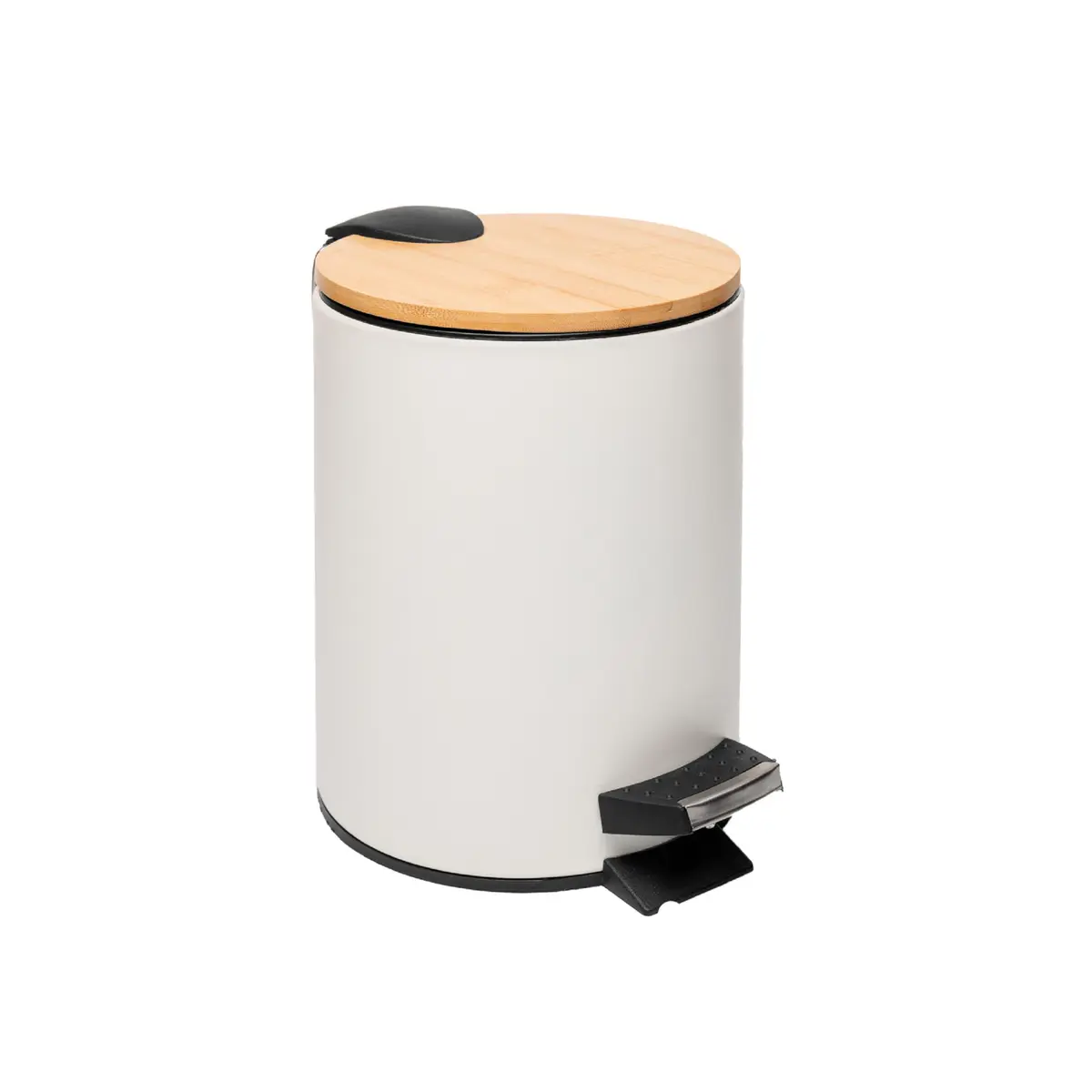 LYOR - Lixeira Redonda De Metal Com Pedal e Tampa Em Bambu Branca 3L