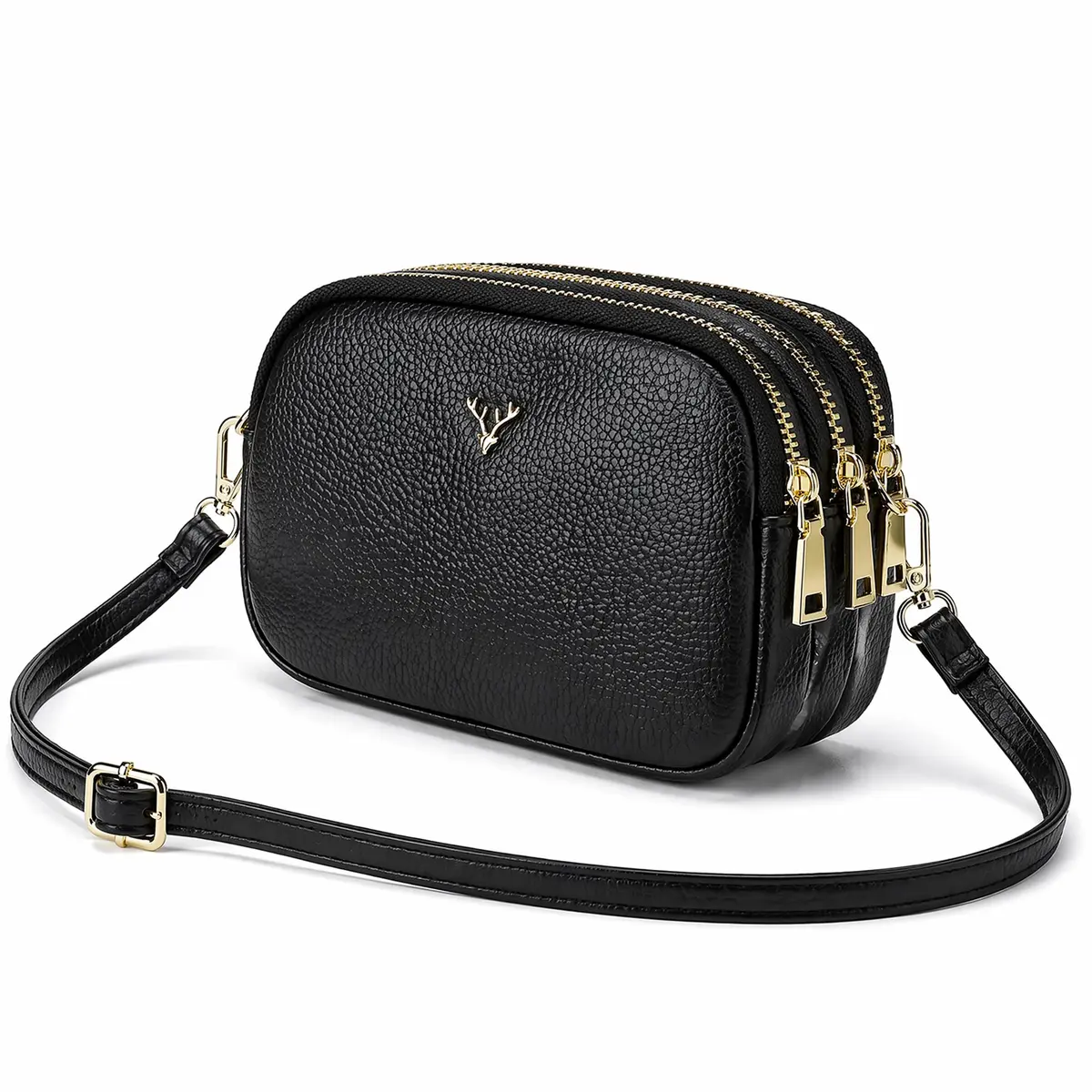 Bolsa Transversal Feminina de Tamanho Pequeno Design Simples com 3 Zíperes Porta Celular, Bolsa Tira Color Pequena Preta de Couro Legítimo (Estilo 1)