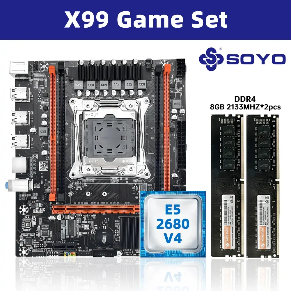 Kit de Placa-Mãe SOYO X99 com Intel LGA2011-3 Xeon E5 2680 V4 e Memória RAM DDR4 16GB (2*8GB) 2133MHz Dual Channel M.2 NVME