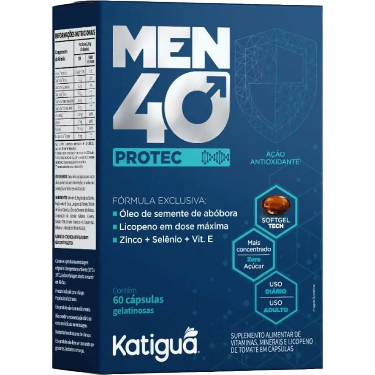 Katiguá, Men 40 Protec, Óleo de semente de Abóbora, Licopeno em dose Máxima, Zinco + Selênio e Vitamina E, Sem sabor, Para Homens, 60 Cápsulas Soft Gel • 30 doses, Azul - 1