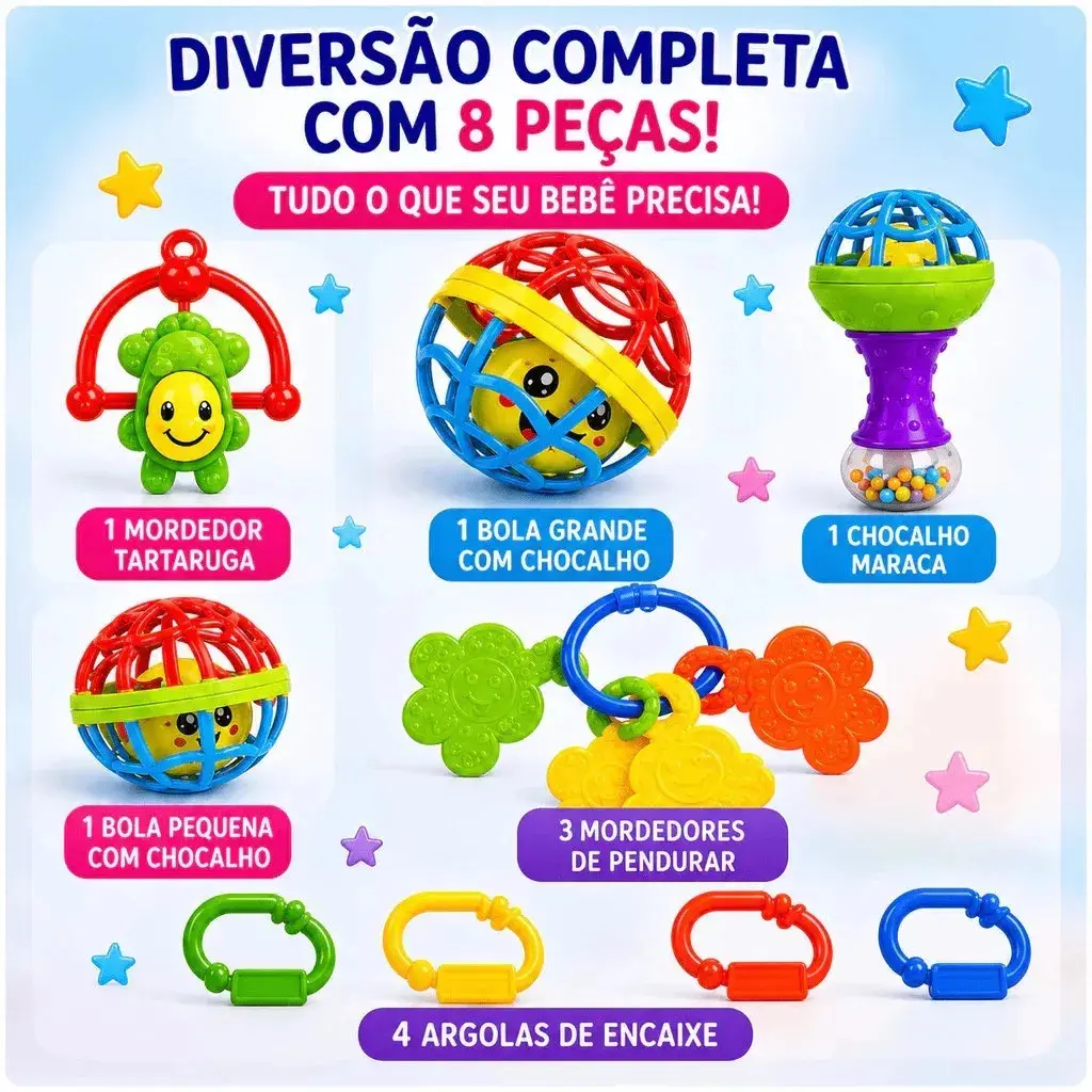 Kit Mordedor para Bebê brinquedo Sensorial Silicone com Chocalho 8 Peças Coloridas thumbnail 2